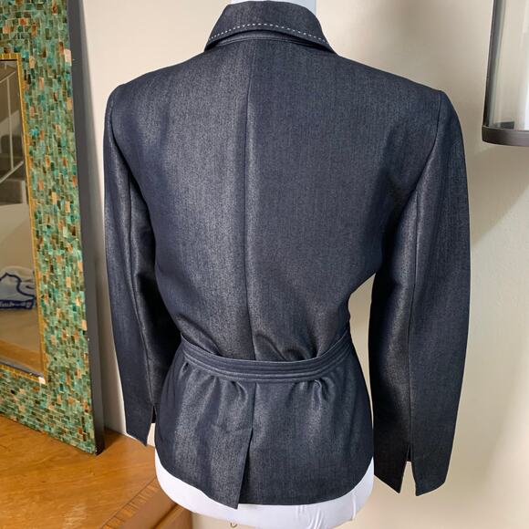 Norton McNaughton Petites Sz 10P Belted Navy Denim-Look Blazer Jacket Full Zip - Picture 3 of 10